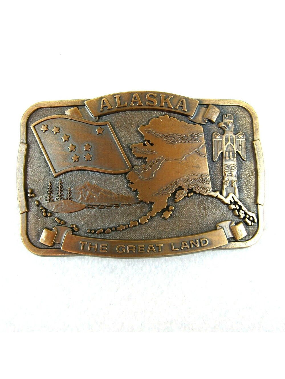 Vintage Alaska Souvenir Belt Buckle Brass tone Metal State Flag Totem & Nature